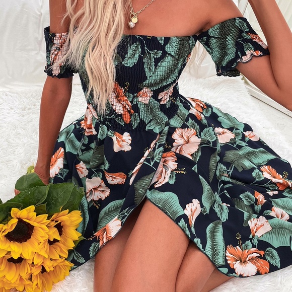 Boho Blue Floral Tropical Leave Off Shoulder dress - Picture 7 of 10